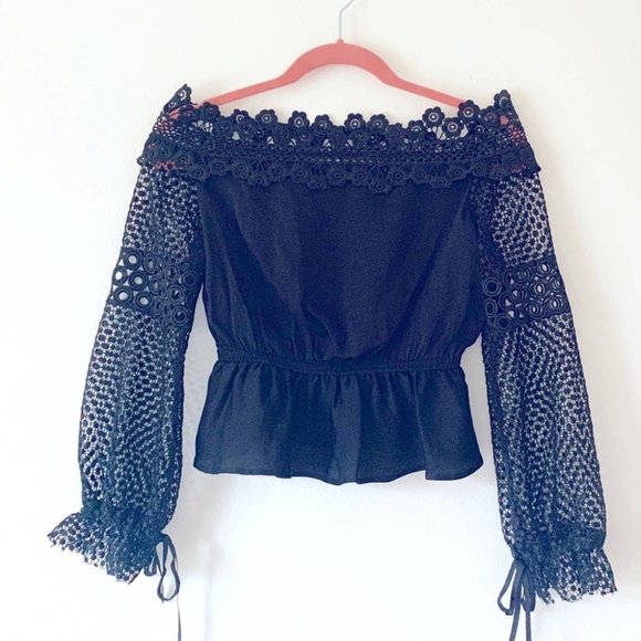 Self-Portrait Lace Off Shoulder Top in Black - Picture 5 of 7